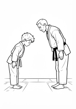 Voir le coloriage Jeune garçon débutant en arts martiaux saluant son sensei avec un respect profond