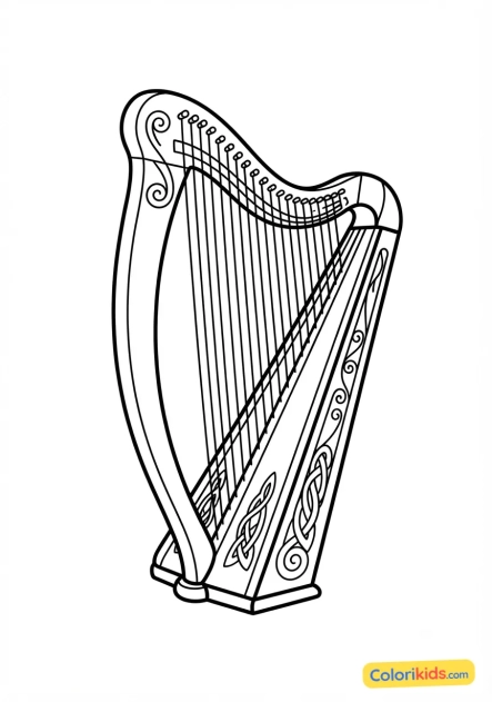 Coloriage à imprimer : harpe celtique en bois sculpté