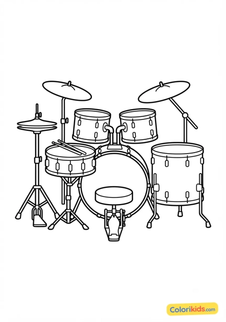 Coloriage à imprimer : batterie complète avec ses cymbales