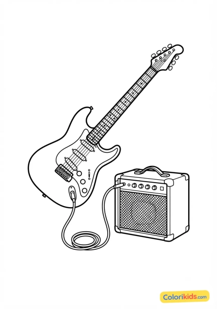 Coloriage à imprimer : guitare électrique rock avec son amplificateur