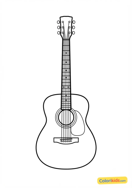 Coloriage à imprimer : guitare acoustique en bois avec ses cordes