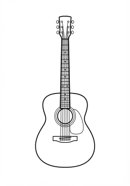 Coloriage de guitare acoustique en bois avec ses cordes à imprimer