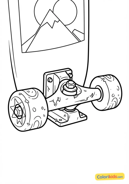 Coloriage à imprimer : gros plan sur les trucks usés et les roues en uréthane d'un skateboard personnalisé