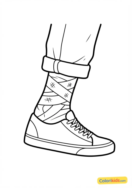 Coloriage à imprimer : plan rapproché sur la cheville bandée d'un skateur blessé
