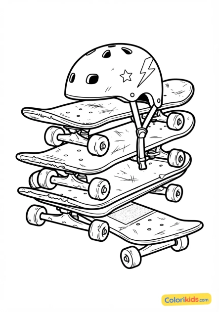 Coloriage à imprimer : casque de skate coloré posé négligemment sur une pile de planches de skate usagées