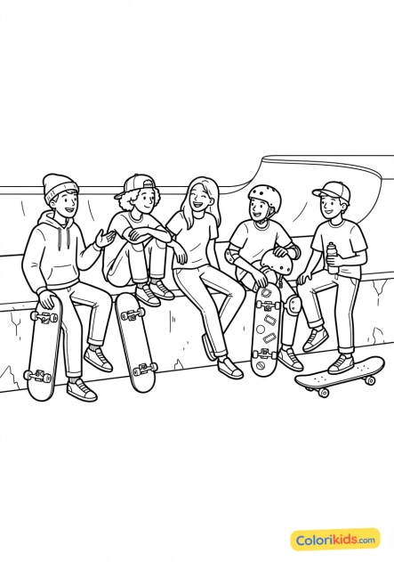 Coloriage à imprimer : groupe d'amis skateurs discutant assis sur le muret d'un skatepark