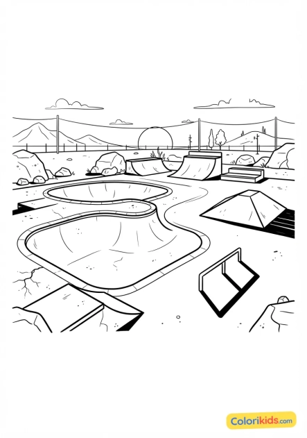 Coloriage à imprimer : lumière rasante du matin illuminant un skatepark désert