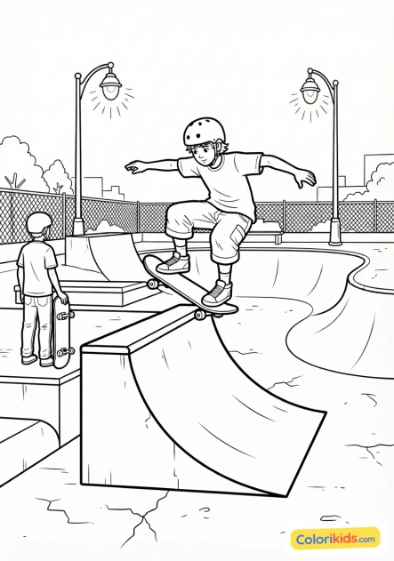 Coloriage à imprimer : ambiance nocturne dans un skatepark éclairé par des lampadaires oranges