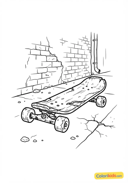Coloriage à imprimer : vieux skate rouillé abandonné dans une ruelle sombre