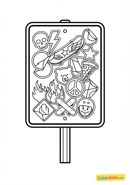 Coloriage à imprimer : feuilles d'autocollants de marques de skate collées sur le dos d'un panneau de signalisation urbain