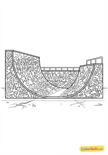 Coloriage à imprimer : rampes de skate couvertes de graffitis colorés dans un skatepark urbain au coucher du soleil