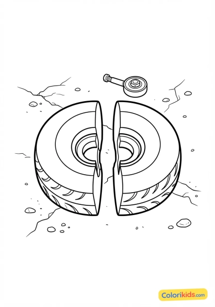 Coloriage à imprimer : roue de skate cassée en deux gisant sur le sol