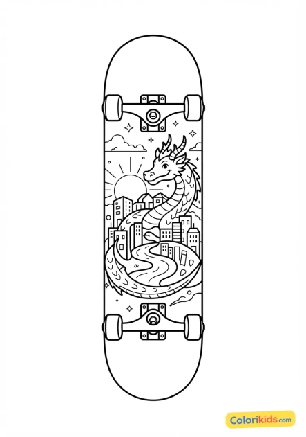 Coloriage à imprimer : planche de skate avec une illustration originale et complexe sur le dessous (grip tape)