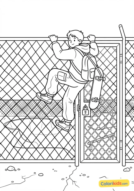 Coloriage à imprimer : skateur grimpant sur une clôture pour accéder à un skatepark fermé