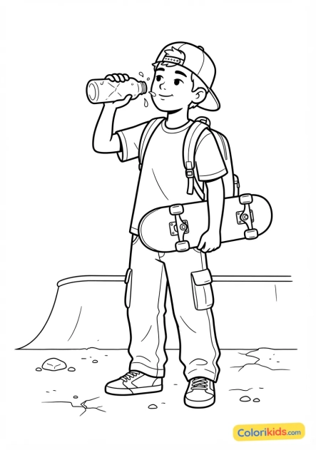 Coloriage à imprimer : skateur buvant de l'eau dans une gourde en métal cabossée