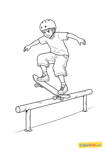 Coloriage à imprimer : skateur concentré atterrissant difficilement sur une barre de grind en métal