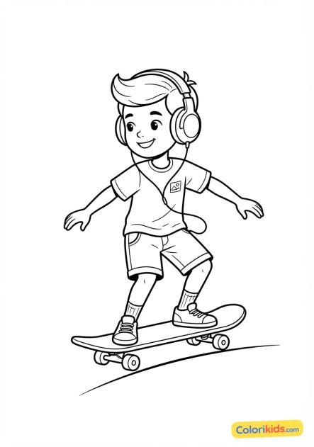 Coloriage à imprimer : skateur écoutant de la musique avec des écouteurs tout en skatant