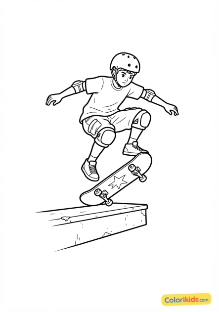 Coloriage à imprimer : skateur enchaînant un kickflip parfait au-dessus d'une marche en béton