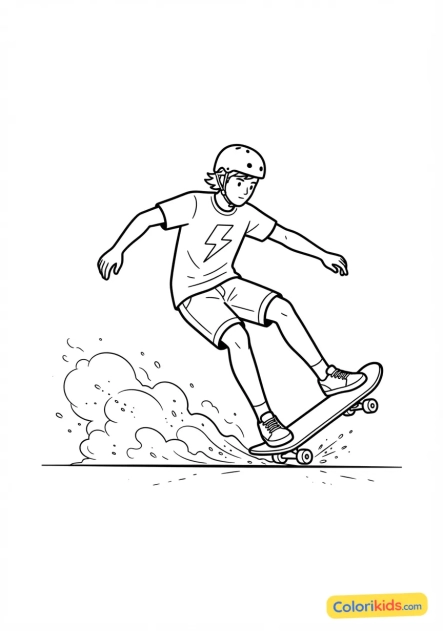 Coloriage à imprimer : skateur effectuant un power slide spectaculaire qui soulève de la poussière