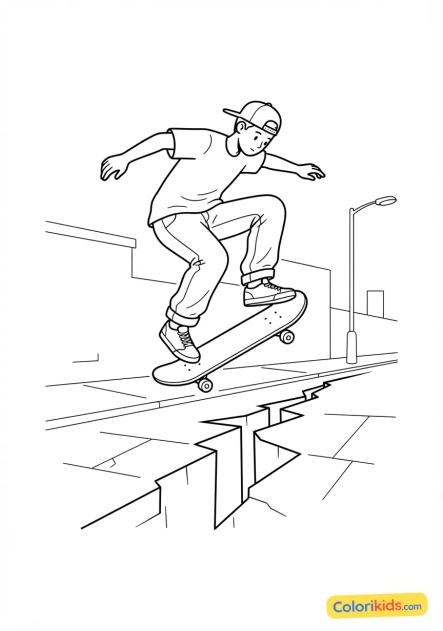 Coloriage à imprimer : skateur réalisant un ollie impressionnant par-dessus une fissure dans le trottoir de la ville