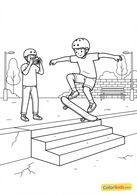 Coloriage à imprimer : skateur photographiant son ami en train de sauter une marche