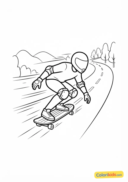 Coloriage à imprimer : skateur filant à toute allure sur une route goudronnée en descente