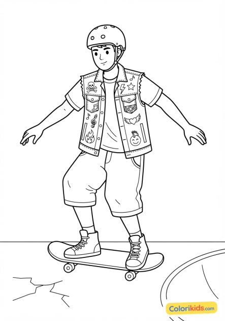 Ausmalbild zum Ausdrucken: skater trägt eine Jeansjacke, die mit Band-Patches verziert ist
