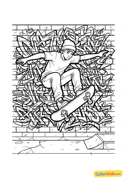 Ausmalbild zum Ausdrucken: getaggte rote Backsteinmauer als Hintergrund für einen Skater in der Luft