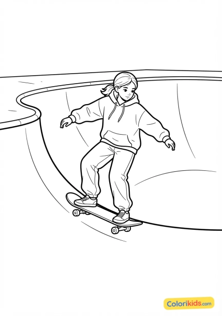 Coloriage à imprimer : jeune fille en sweat à capuche ample glissant gracieusement sur son skateboard dans un bowl