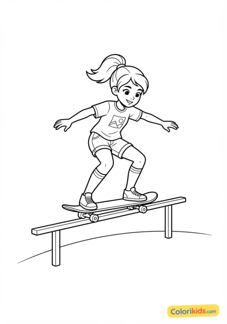 Coloriage à imprimer : jeune fille slidant sur une barre de fer