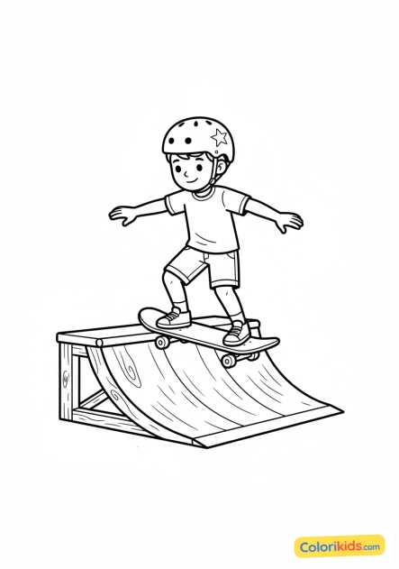 Coloriage à imprimer : jeune skateur apprenant l'équilibre sur une mini-rampe en bois