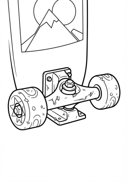 Voir le coloriage Gros plan sur les trucks usés et les roues en uréthane d'un skateboard personnalisé