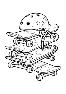 Voir le coloriage Casque de skate coloré posé négligemment sur une pile de planches de skate usagées