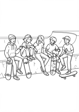 Voir le coloriage Groupe d'amis skateurs discutant assis sur le muret d'un skatepark