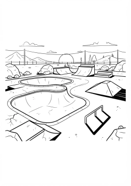 Voir le coloriage Lumière rasante du matin illuminant un skatepark désert