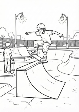 Voir le coloriage Ambiance nocturne dans un skatepark éclairé par des lampadaires oranges