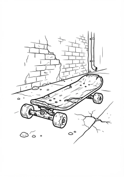 Voir le coloriage Vieux skate rouillé abandonné dans une ruelle sombre