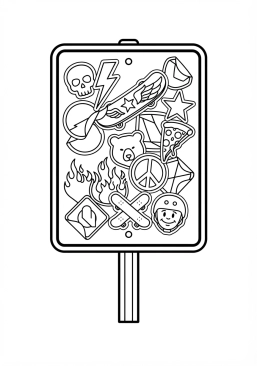 Voir le coloriage Feuilles d'autocollants de marques de skate collées sur le dos d'un panneau de signalisation urbain