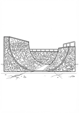 Voir le coloriage Rampes de skate couvertes de graffitis colorés dans un skatepark urbain au coucher du soleil