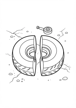 Voir le coloriage Roue de skate cassée en deux gisant sur le sol