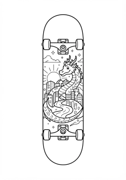 Voir le coloriage Planche de skate avec une illustration originale et complexe sur le dessous (grip tape)