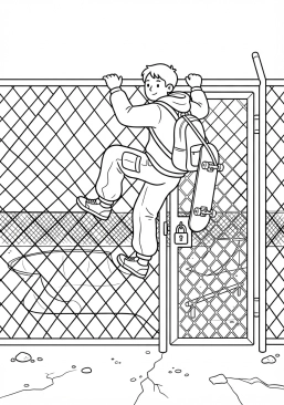 Voir le coloriage Skateur grimpant sur une clôture pour accéder à un skatepark fermé