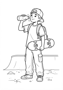 Voir le coloriage Skateur buvant de l'eau dans une gourde en métal cabossée