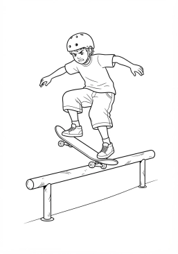 Voir le coloriage Skateur concentré atterrissant difficilement sur une barre de grind en métal