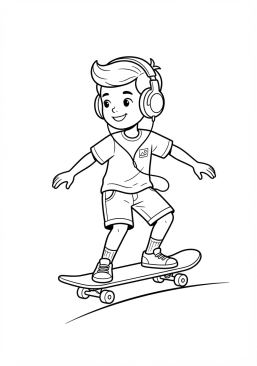 Voir le coloriage Skateur écoutant de la musique avec des écouteurs tout en skatant