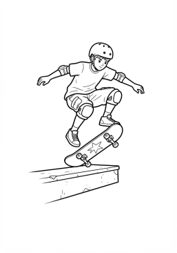 Voir le coloriage Skateur enchaînant un kickflip parfait au-dessus d'une marche en béton