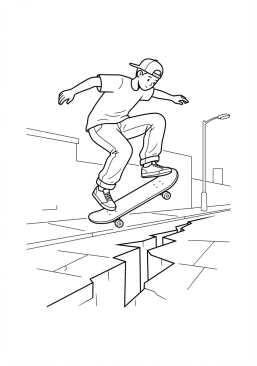 Voir le coloriage Skateur réalisant un ollie impressionnant par-dessus une fissure dans le trottoir de la ville