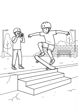 Voir le coloriage Skateur photographiant son ami en train de sauter une marche