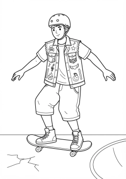 Voir le coloriage Skateur portant une veste en jean décorée de patchs de groupes de musique