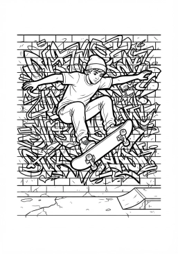 Voir le coloriage Mur de briques rouge tagué servant de fond à un skateur en l'air